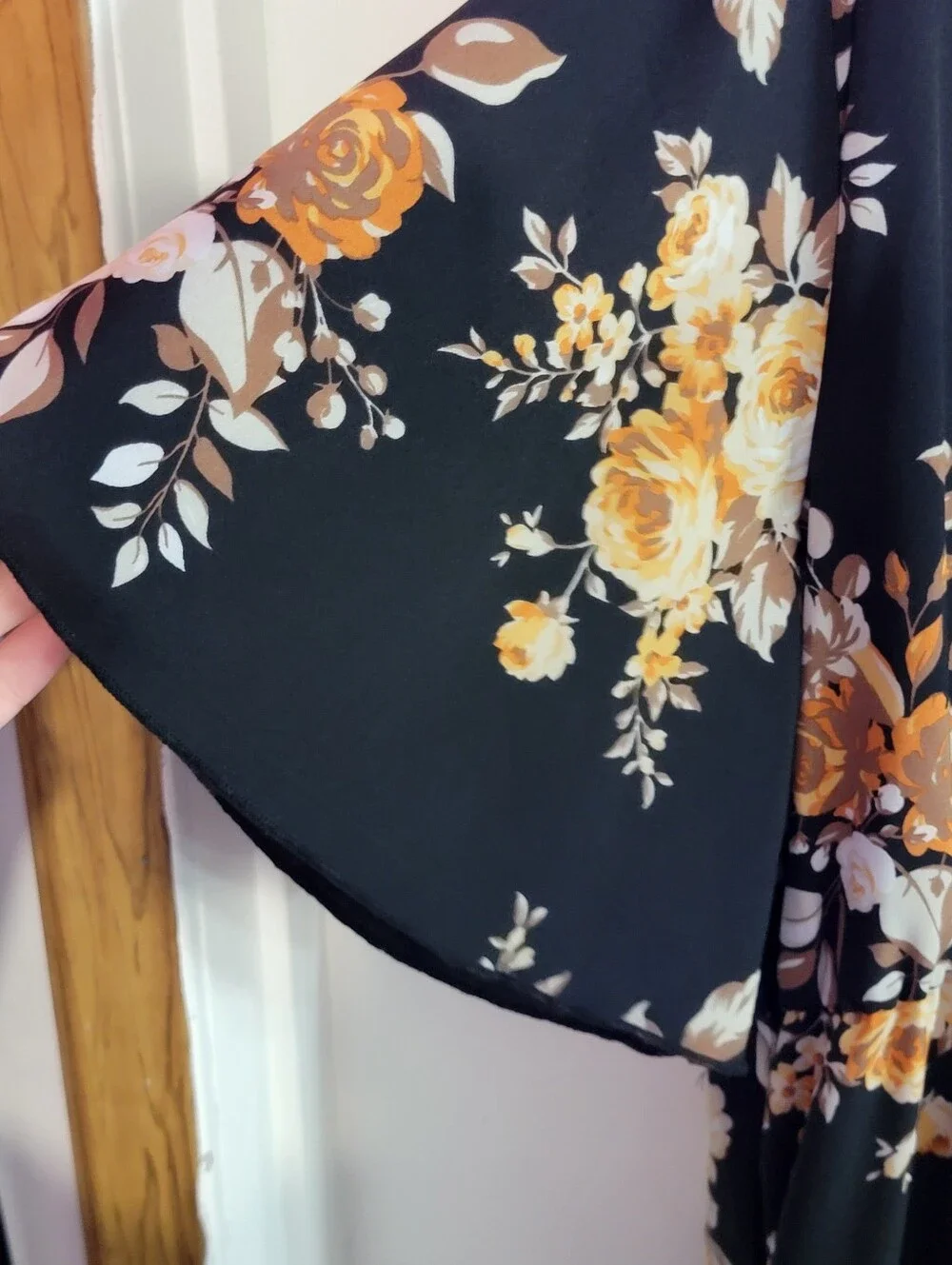 Floral Faux Wrap High Low Dress in Black and Mustard - Picture 4 of 10